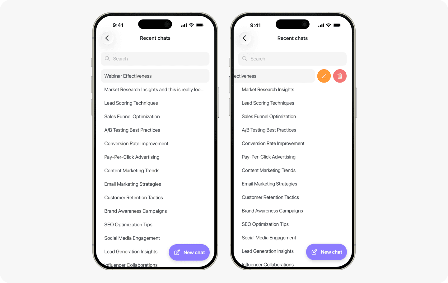 Mobile list of AI Copilot sessions synced from the web app